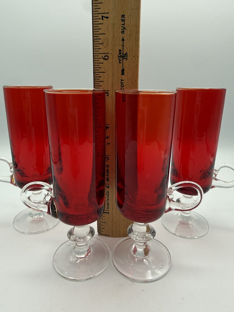VTG set of 4 Ruby Red Cordials w/Clear Glass Pedestals & Handles /ro