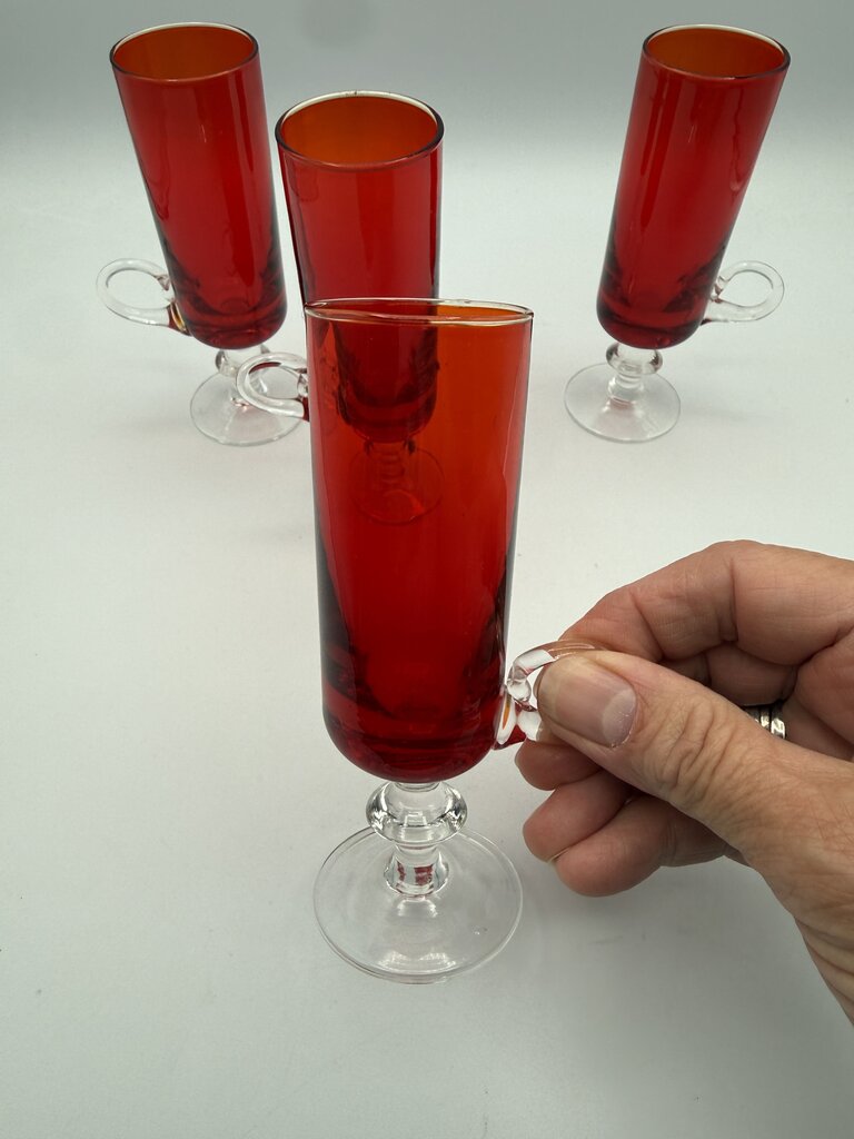 VTG set of 4 Ruby Red Cordials w/Clear Glass Pedestals & Handles /ro