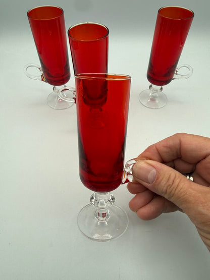 VTG set of 4 Ruby Red Cordials w/Clear Glass Pedestals & Handles /ro