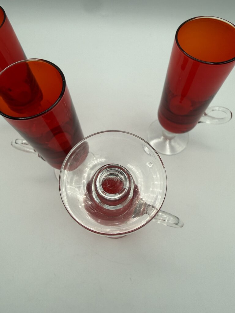 VTG set of 4 Ruby Red Cordials w/Clear Glass Pedestals & Handles /ro