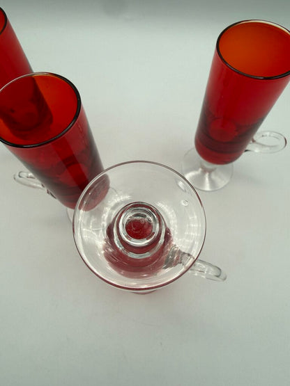 VTG set of 4 Ruby Red Cordials w/Clear Glass Pedestals & Handles /ro