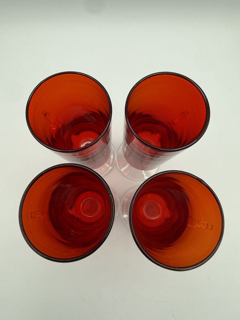VTG set of 4 Ruby Red Cordials w/Clear Glass Pedestals & Handles /ro