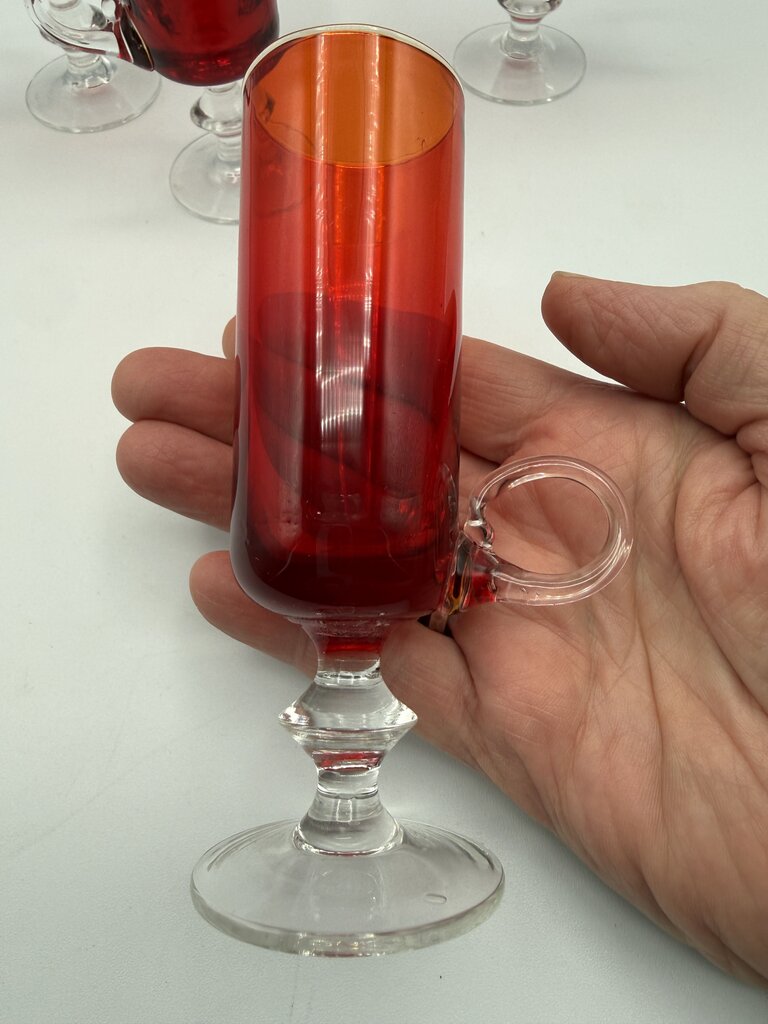 VTG set of 4 Ruby Red Cordials w/Clear Glass Pedestals & Handles /ro