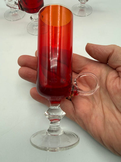 VTG set of 4 Ruby Red Cordials w/Clear Glass Pedestals & Handles /ro