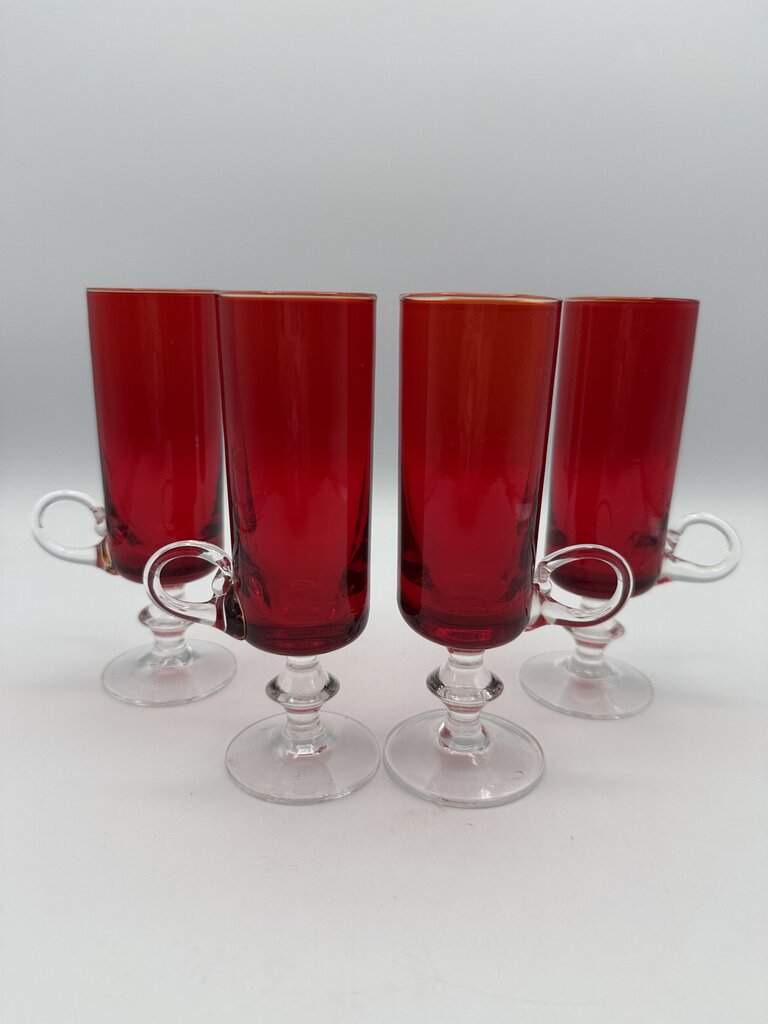 VTG set of 4 Ruby Red Cordials w/Clear Glass Pedestals & Handles /ro