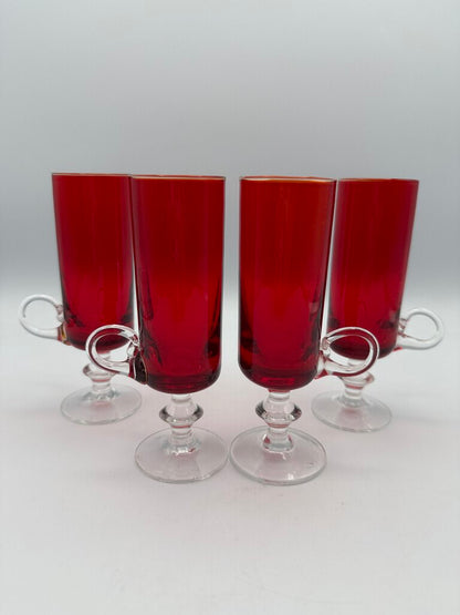 VTG set of 4 Ruby Red Cordials w/Clear Glass Pedestals & Handles /ro