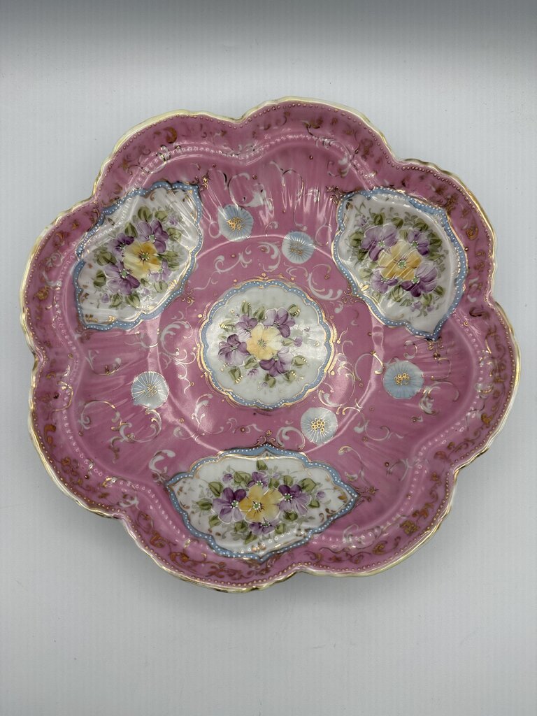 Antique Porcelain PInk Berry Serving Bowl Hand Painted Flowers /ro
