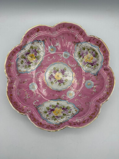 Antique Porcelain PInk Berry Serving Bowl Hand Painted Flowers /ro