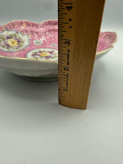 Antique Porcelain PInk Berry Serving Bowl Hand Painted Flowers /ro