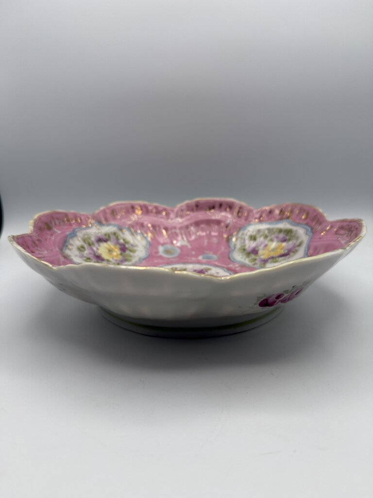 Antique Porcelain PInk Berry Serving Bowl Hand Painted Flowers /ro