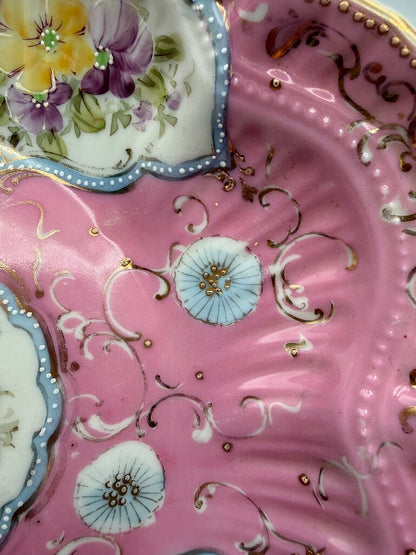 Antique Porcelain PInk Berry Serving Bowl Hand Painted Flowers /ro