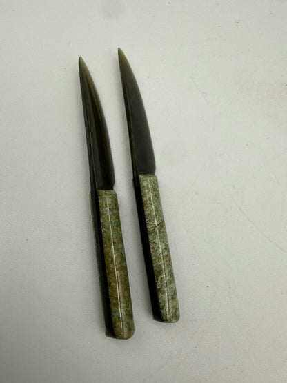 Set of 2 Nephrite Jade Green Carved Petite Knives 3.75” /ro