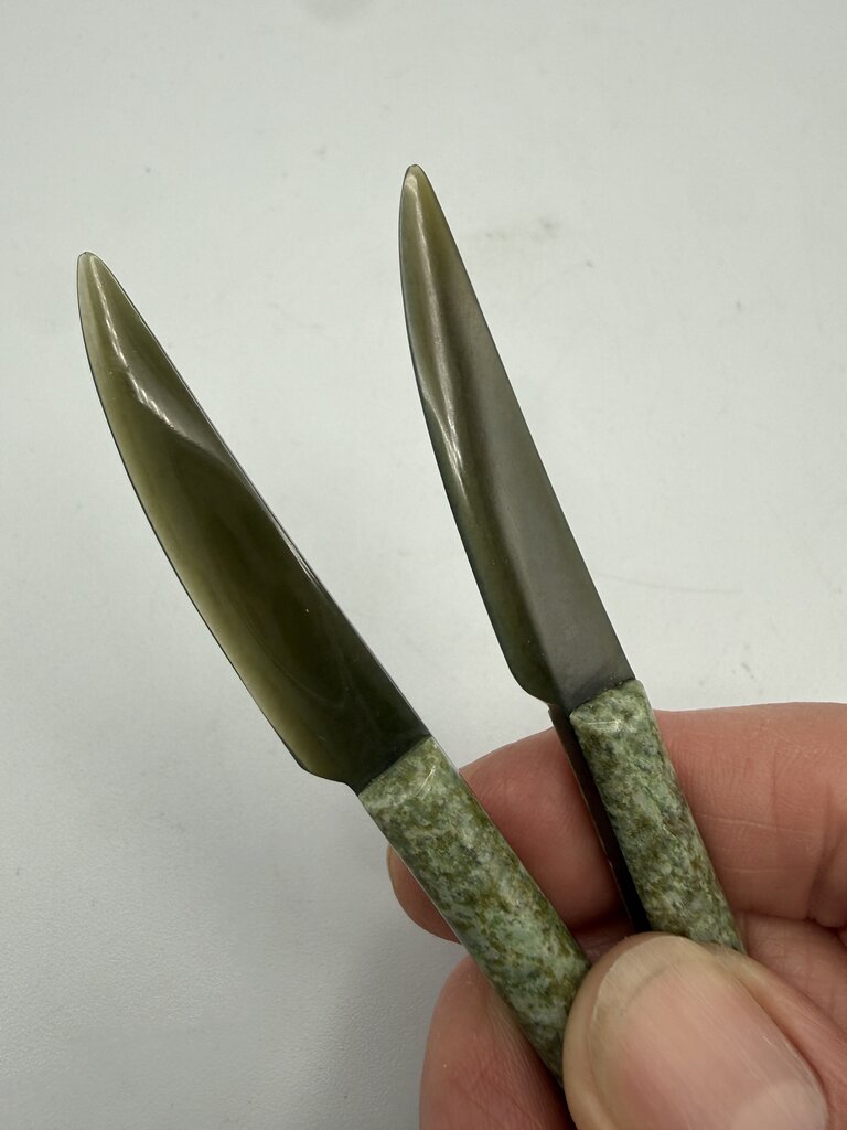 Set of 2 Nephrite Jade Green Carved Petite Knives 3.75” /ro