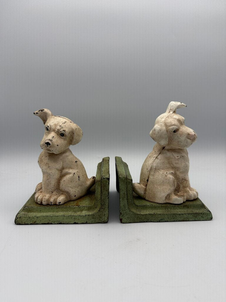 VTG HomArt Cast Iron White Puppy Dog Book Ends /rw