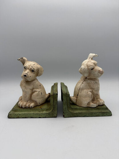VTG HomArt Cast Iron White Puppy Dog Book Ends /rw