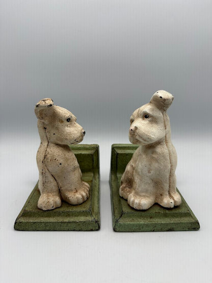 VTG HomArt Cast Iron White Puppy Dog Book Ends /rw