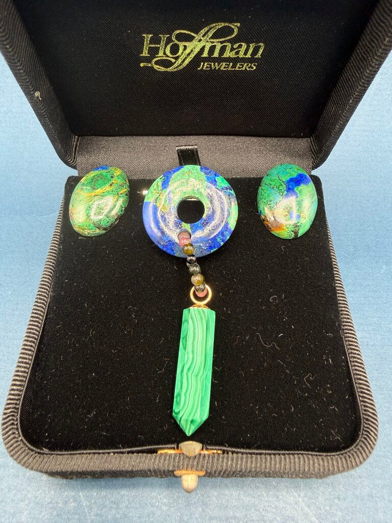 Malachite Green and Blue Lapis Earrings & Pin set /ro