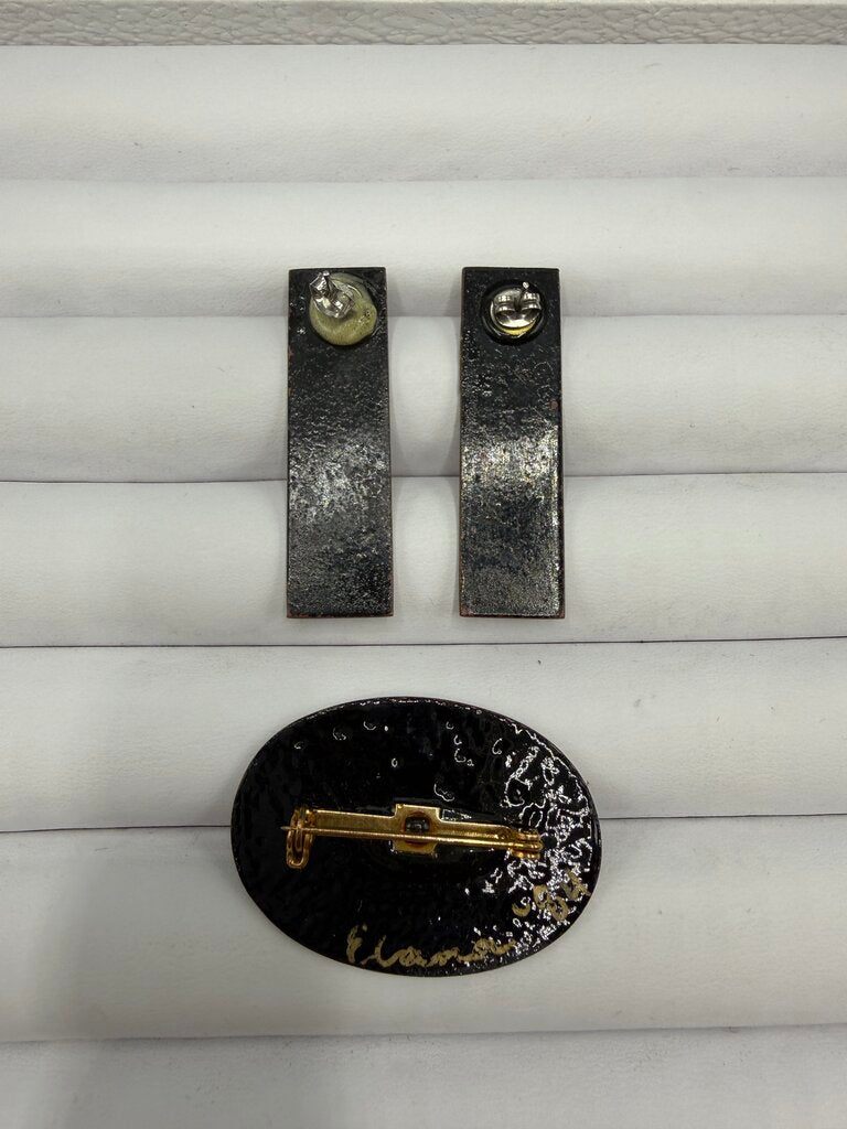 Iridescent Fused Glass on Enamel Set Pierced Earring & Pin /ro