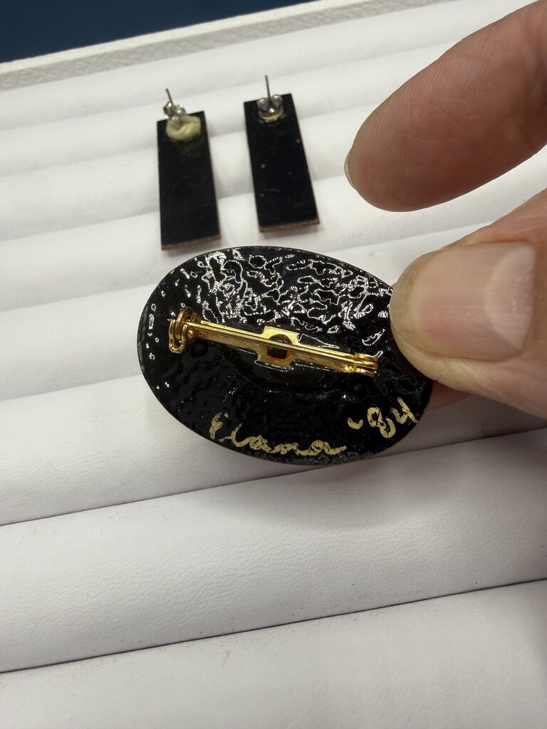 Iridescent Fused Glass on Enamel Set Pierced Earring & Pin /ro