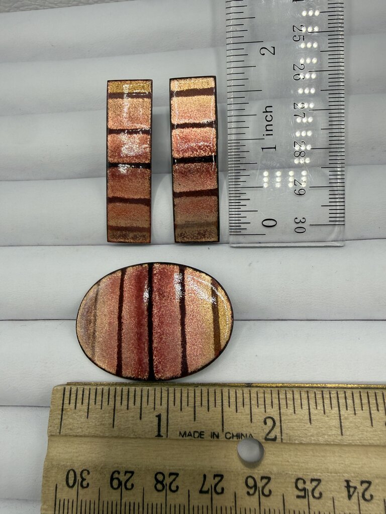 Iridescent Fused Glass on Enamel Set Pierced Earring & Pin /ro