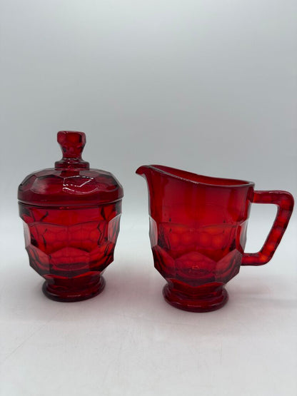 VTG Viking Glass Georgian Cranberry Honeycomb Sugar & Creamer w/lid /ro