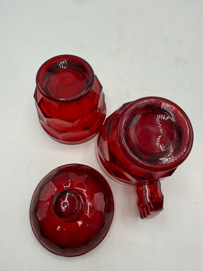 VTG Viking Glass Georgian Cranberry Honeycomb Sugar & Creamer w/lid /ro