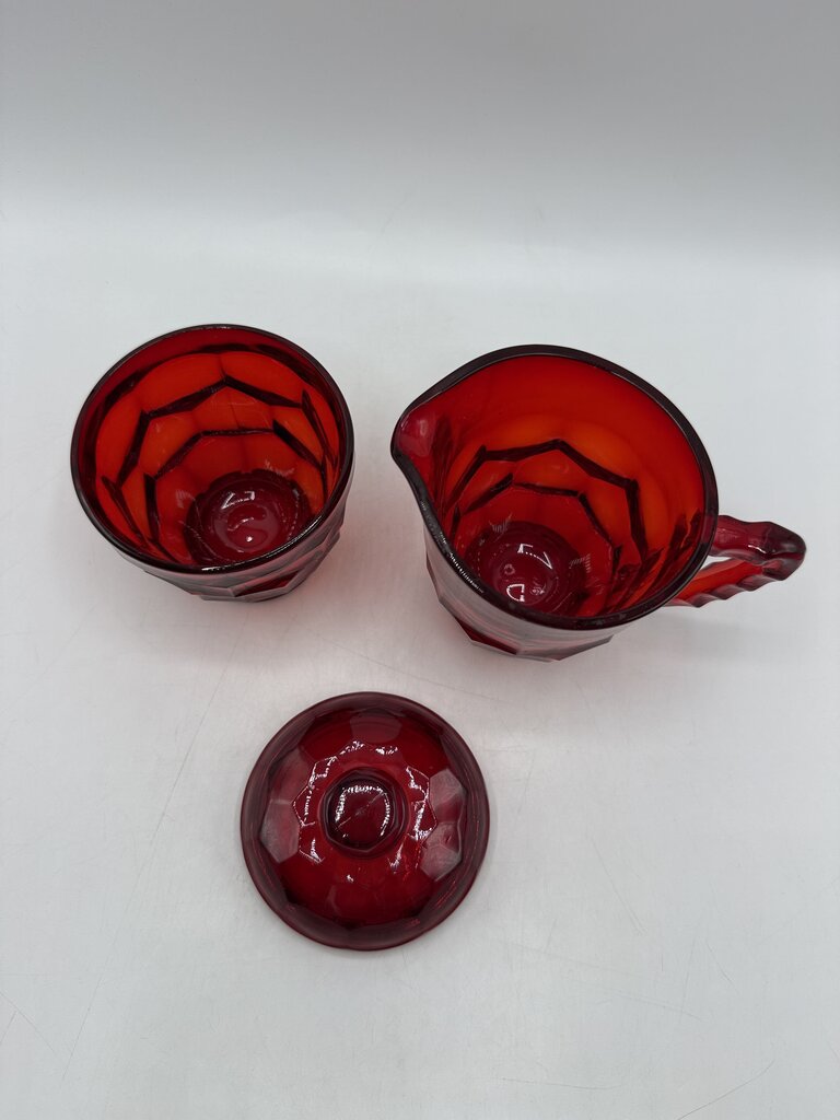 VTG Viking Glass Georgian Cranberry Honeycomb Sugar & Creamer w/lid /ro