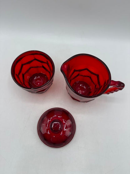 VTG Viking Glass Georgian Cranberry Honeycomb Sugar & Creamer w/lid /ro