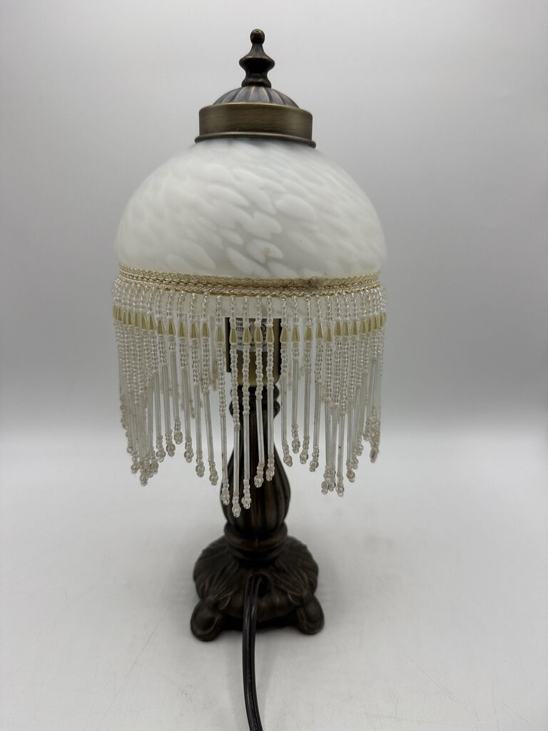 Victorian Bead Fringe Glass Tortoise Shell Shade Table Lamp 12” tall /rw