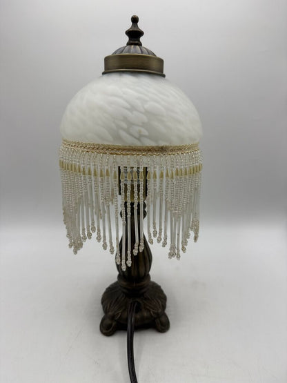 Victorian Bead Fringe Glass Tortoise Shell Shade Table Lamp 12” tall /rw
