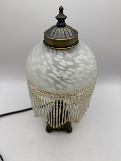 Victorian Bead Fringe Glass Tortoise Shell Shade Table Lamp 12” tall /rw