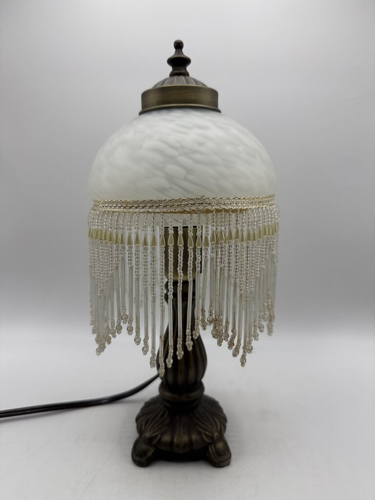Victorian Bead Fringe Glass Tortoise Shell Shade Table Lamp 12” tall /rw