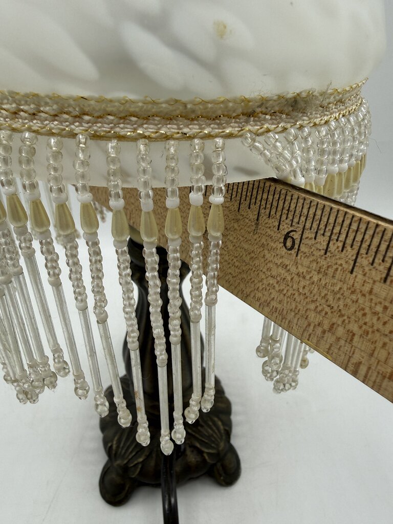Victorian Bead Fringe Glass Tortoise Shell Shade Table Lamp 12” tall /rw