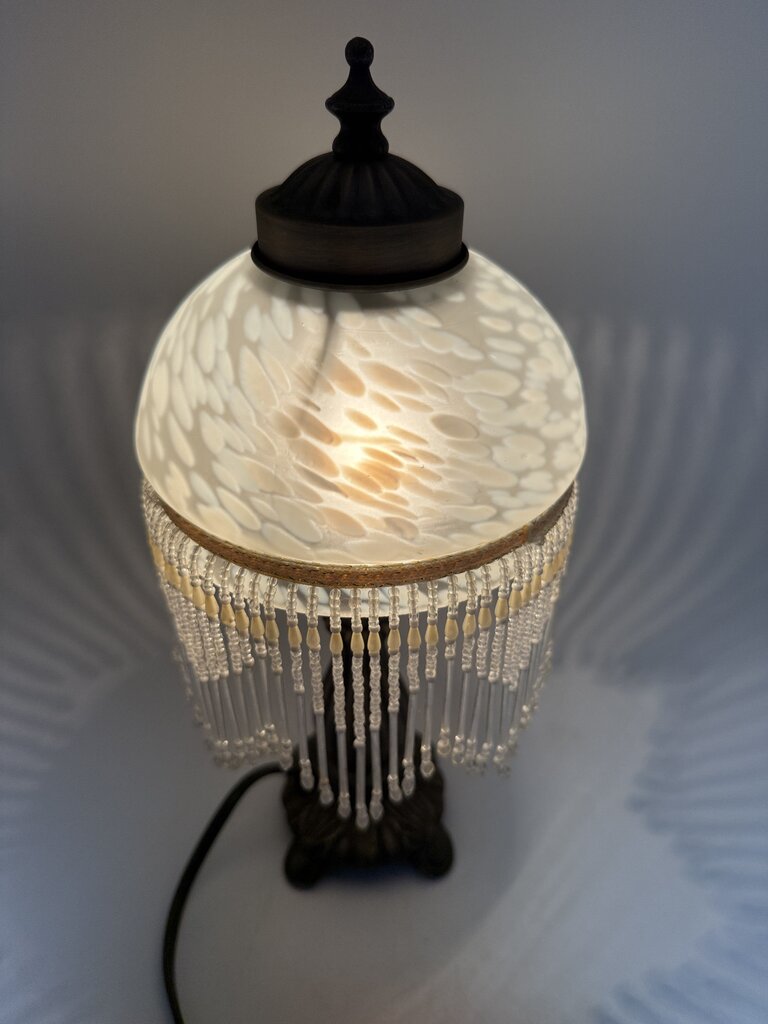 Victorian Bead Fringe Glass Tortoise Shell Shade Table Lamp 12” tall /rw