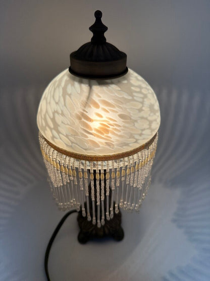 Victorian Bead Fringe Glass Tortoise Shell Shade Table Lamp 12” tall /rw