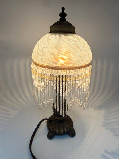 Victorian Bead Fringe Glass Tortoise Shell Shade Table Lamp 12” tall /rw