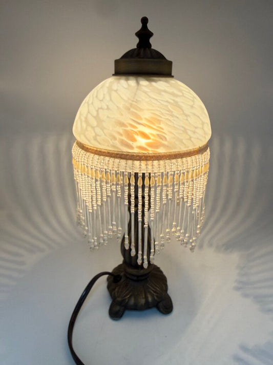Victorian Bead Fringe Glass Tortoise Shell Shade Table Lamp 12” tall /rw