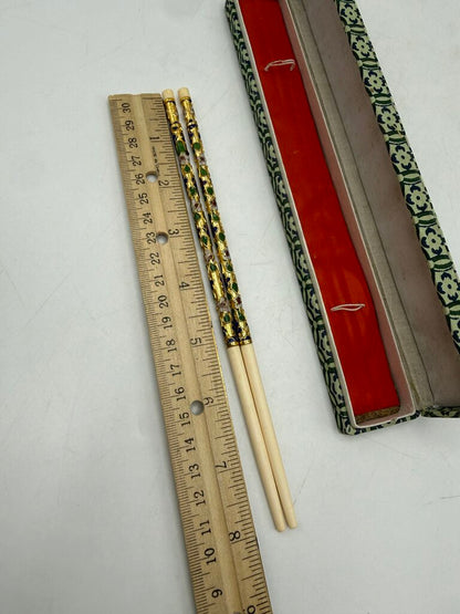 VTG Japanese Chopsticks Floral Cloisonné Enamel & Bone in Box /ro