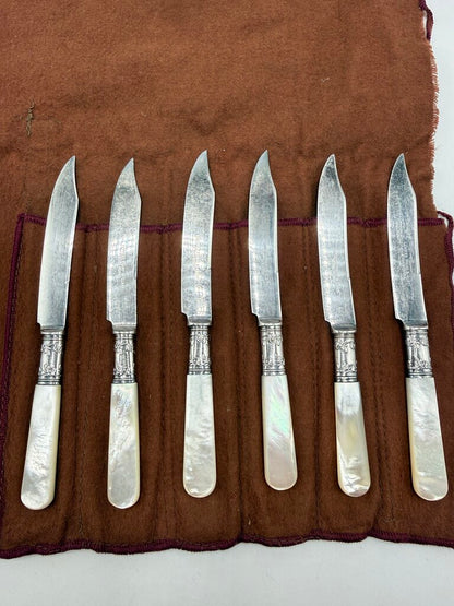 Antique Landers, Frary & Clark Dessert Knives Sterling Collars MOP Handles set of 6 /ro