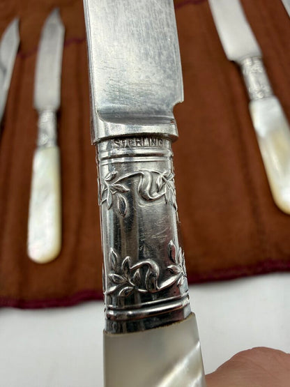 Antique Landers, Frary & Clark Dessert Knives Sterling Collars MOP Handles set of 6 /ro