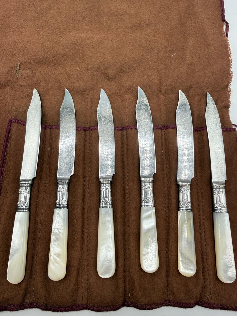 Antique Landers, Frary & Clark Dessert Knives Sterling Collars MOP Handles set of 6 /ro