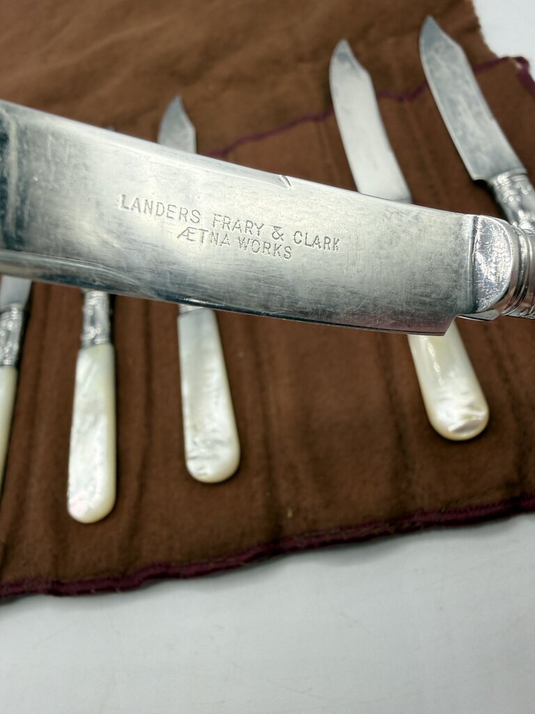 Antique Landers, Frary & Clark Dessert Knives Sterling Collars MOP Handles set of 6 /ro