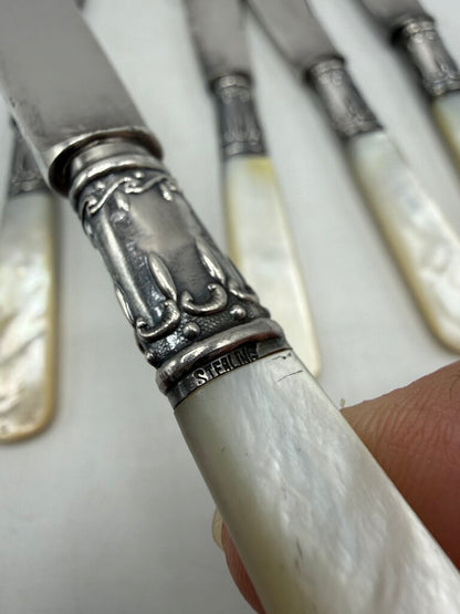 VTG set of 6 American Cutlery Butter Knives Sterling Collars MOP Handles /ro