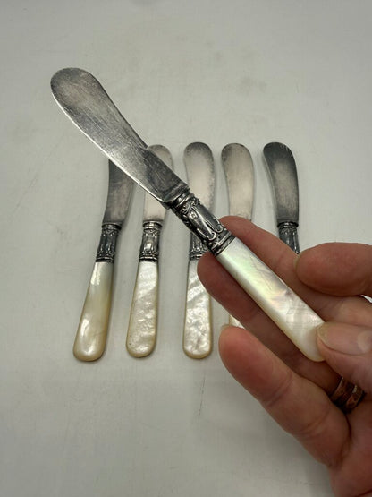 VTG set of 6 American Cutlery Butter Knives Sterling Collars MOP Handles /ro