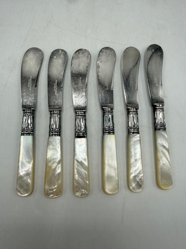 VTG set of 6 American Cutlery Butter Knives Sterling Collars MOP Handles /ro