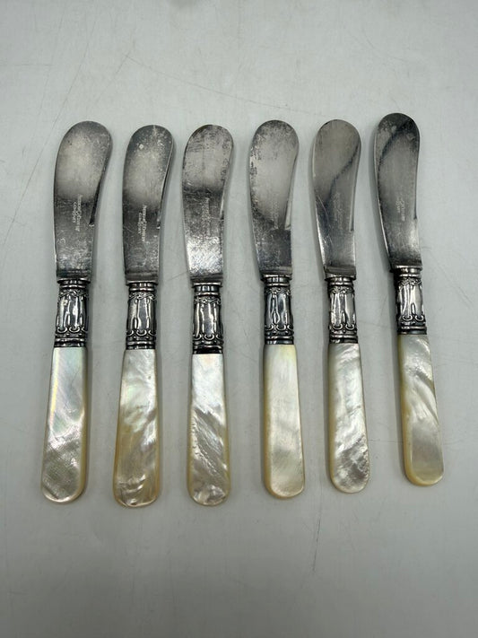 VTG set of 6 American Cutlery Butter Knives Sterling Collars MOP Handles /ro