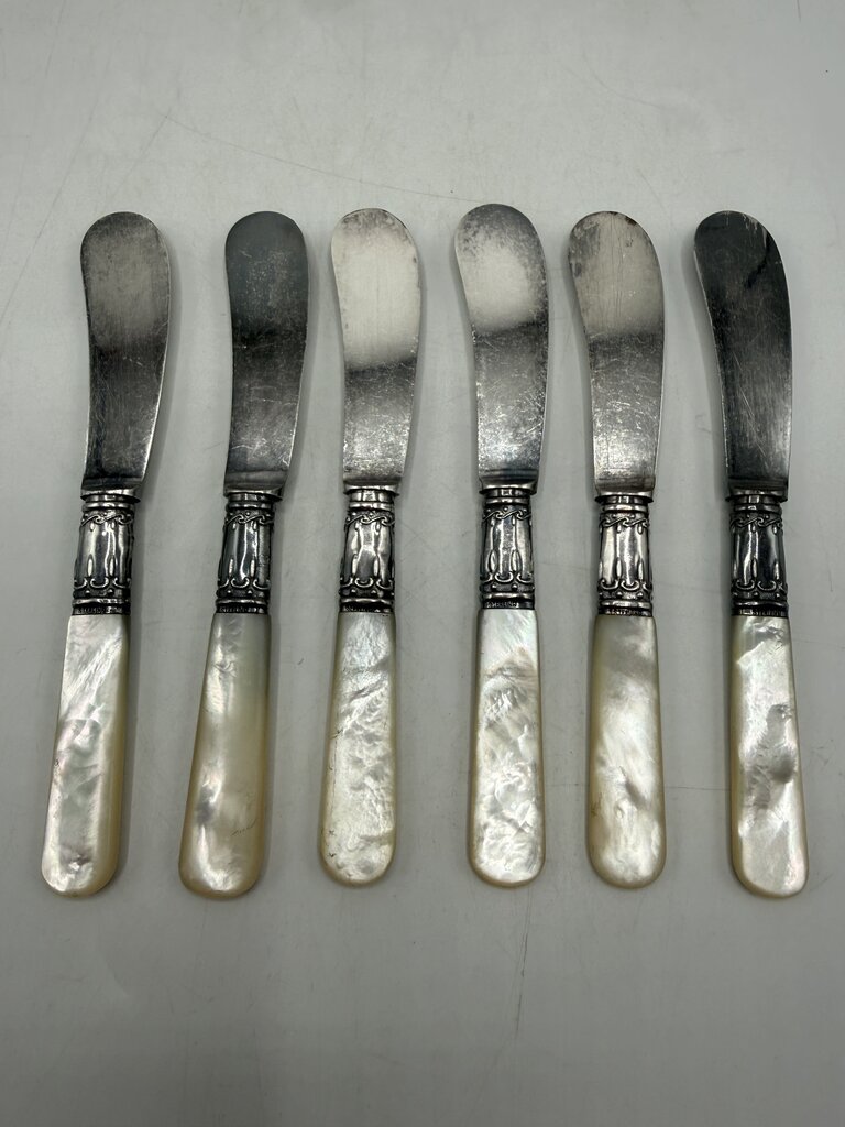 VTG set of 6 American Cutlery Butter Knives Sterling Collars MOP Handles /ro