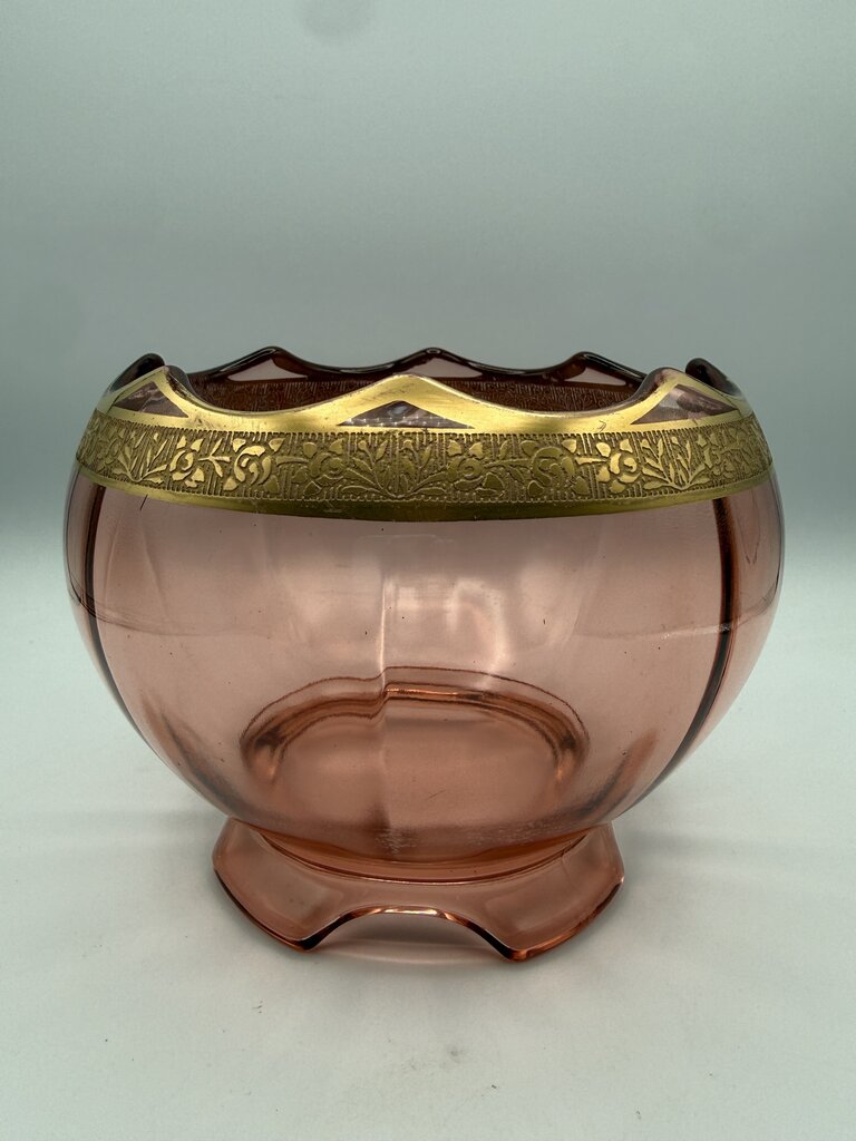 Art Deco Decorative Gold Etched Pink Depression Glass Footed Bowl /ro
