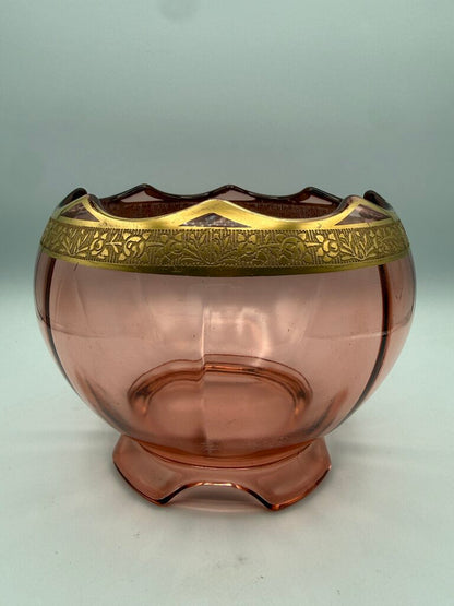 Art Deco Decorative Gold Etched Pink Depression Glass Footed Bowl /ro