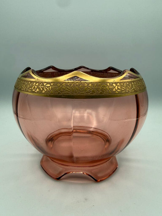 Art Deco Decorative Gold Etched Pink Depression Glass Footed Bowl /ro